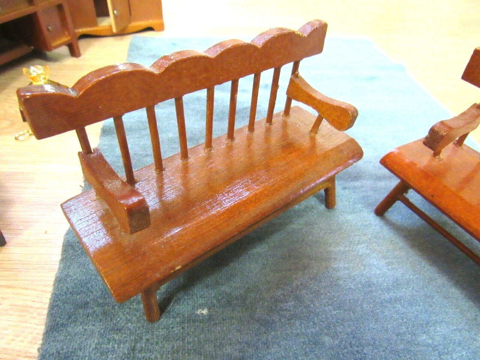 Vintage Dollhouse Sitting Room Wood Furniture-11pcs w/ Blue Velvet Rug-  TINIETOY | eBay