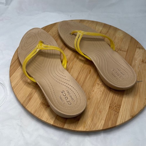 WOMENS CROCS FLAT SANDALS SIZE 8 BROWN WITH YELLOW STRAP PRE OWNED | eBay