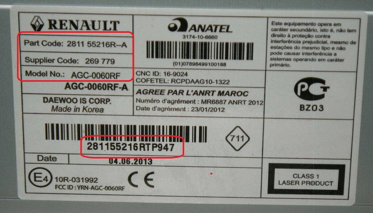 Radio Code Radio AGC0060RF 2811 Dacia Sandero Renault Navi LAN5200