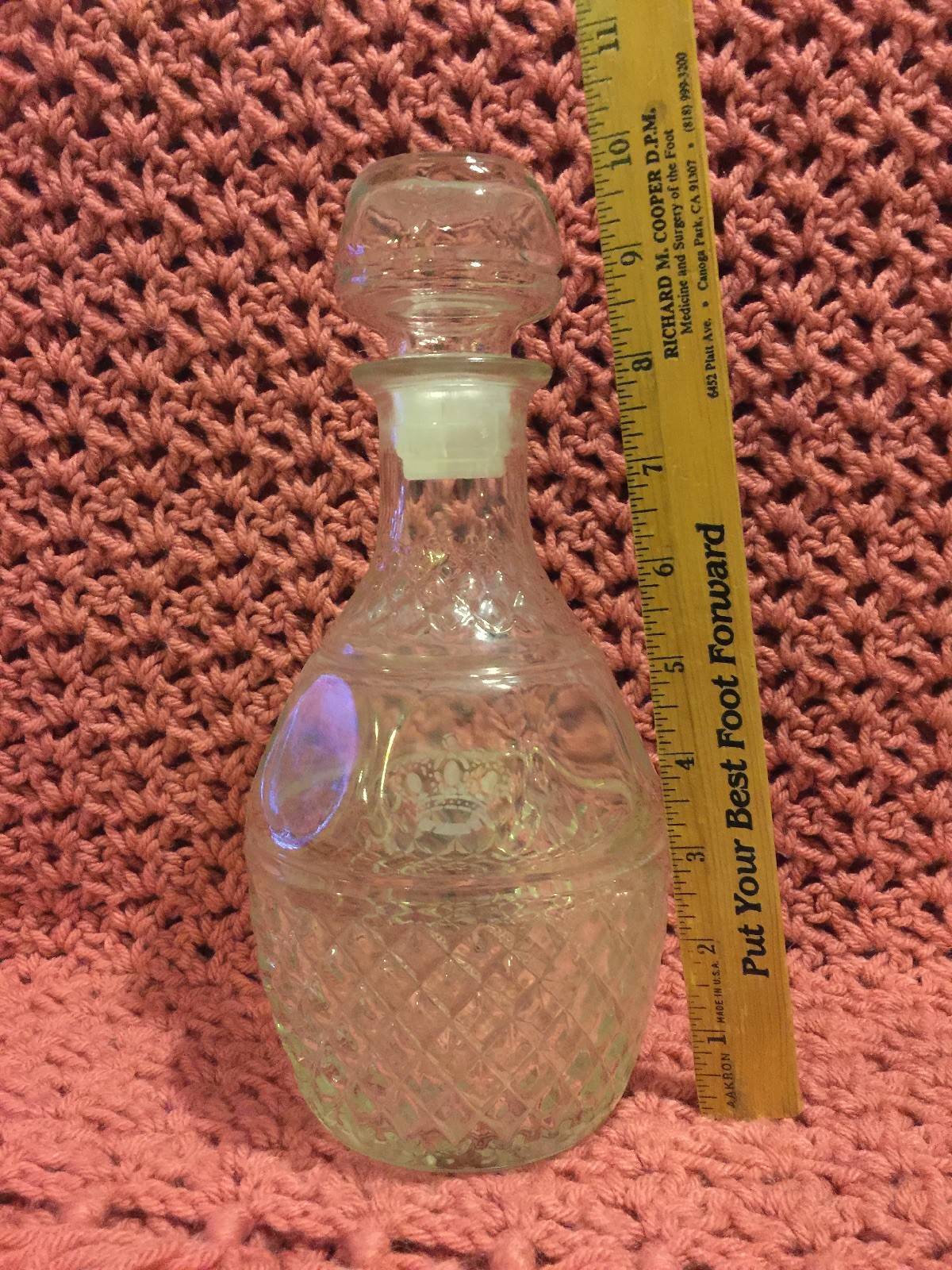 Vintage Clear Glass Whisky Decanter with Etched Royal Crown Stopper 10 Inches Tall-image