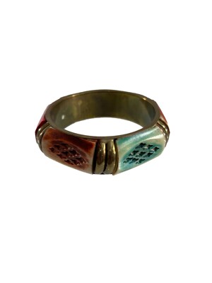 Vintage Brass Painted Bone Bangle Bracelet Bright Pink Green Retro