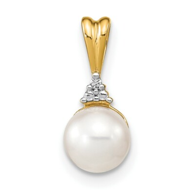 Anhänger 14K Gelbgold 6-7mm weiße runde Süßwasserzuchtperlen und Diamanten