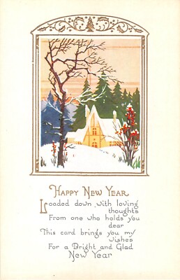 Barren Tree & Evergreens Near Snowy Home on Old Art Deco New Year Postcard - 342