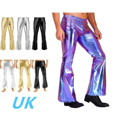 UK Mens Shiny Metallic Disco Flared Pants Vintage Bell Bottom Flared Trousers