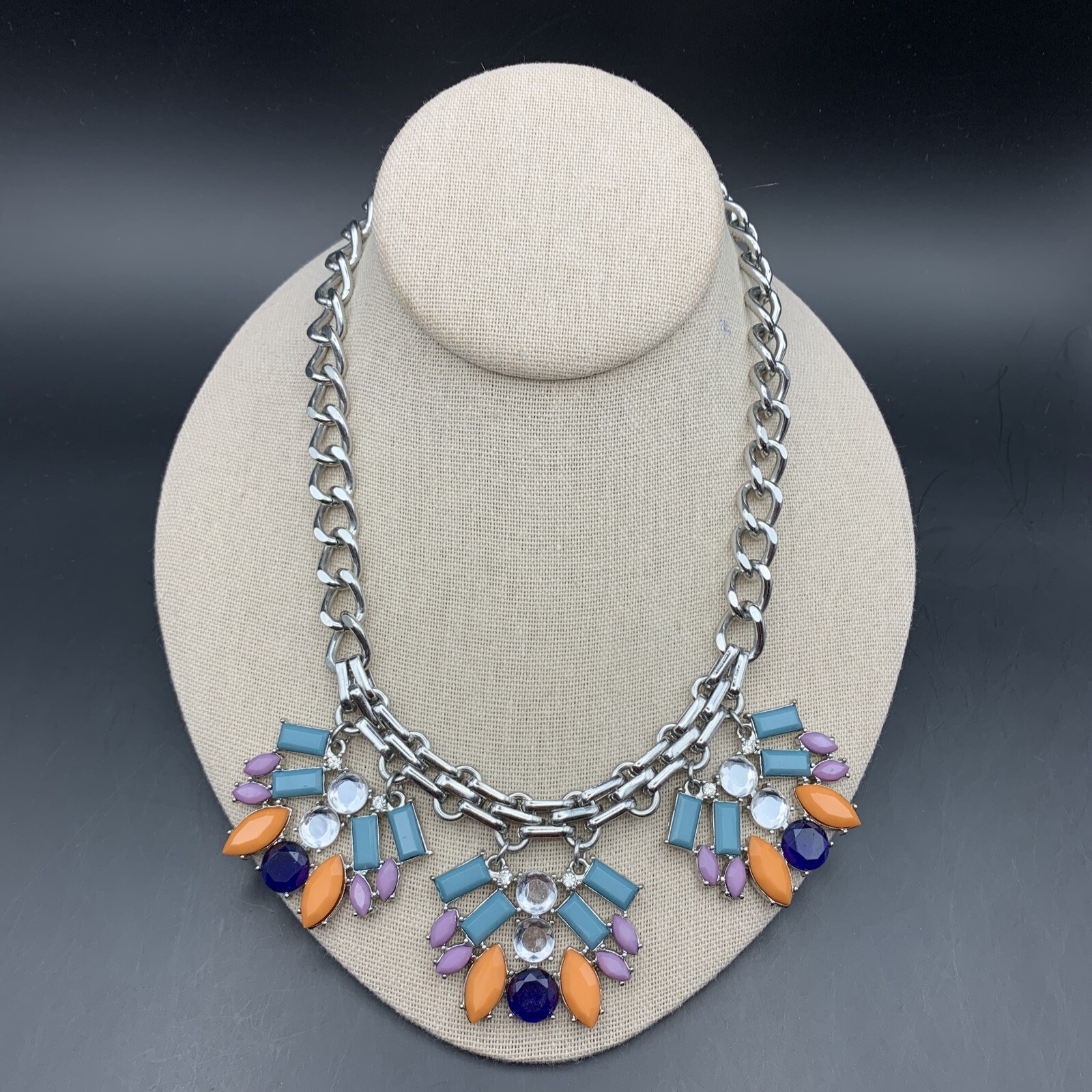 Bib Statement Necklace Multicolor Silver Tone Col… - image 2