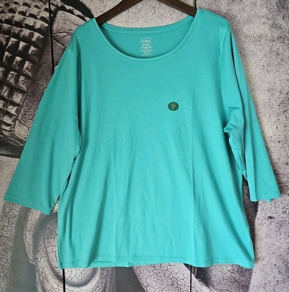 LL BEAN Pima Cotton Shaped Tee 3/4 Sleeve Jewelneck 3XPLUS Storm Teal