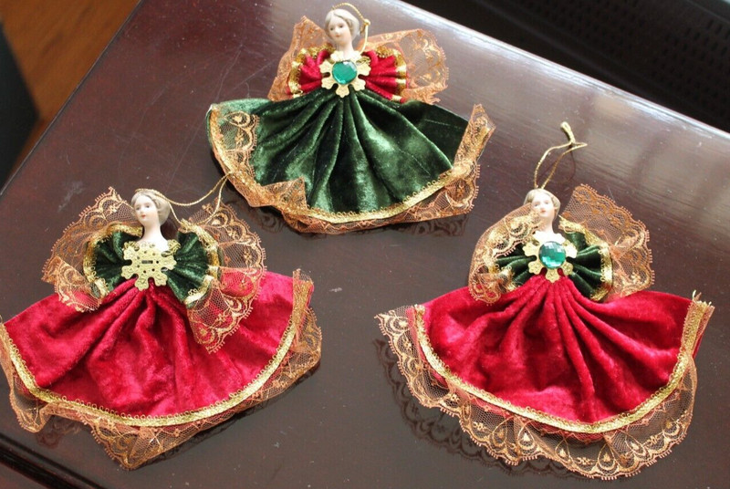 VTG Red & Gold VELVET XMAS Ornaments Santa's Factory Paul Minor Porcelain dolls
