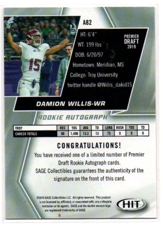 2019 Sage Hit Premier Draft Damion Willis #A82 Rookie Auto - Image 4 of 4