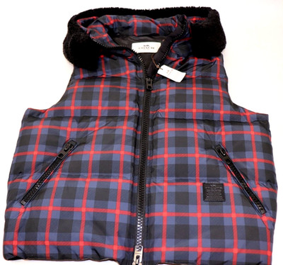 NEW COACH Size M Women's Vest PUFFER Navy Crimson Plaid Quilted Down RILEY $450 