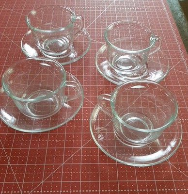 ARCOROC FRANCE CLASSIQUE CLEAR GLASS Set of 4 Tea/Coffee Cups & 4 Saucers