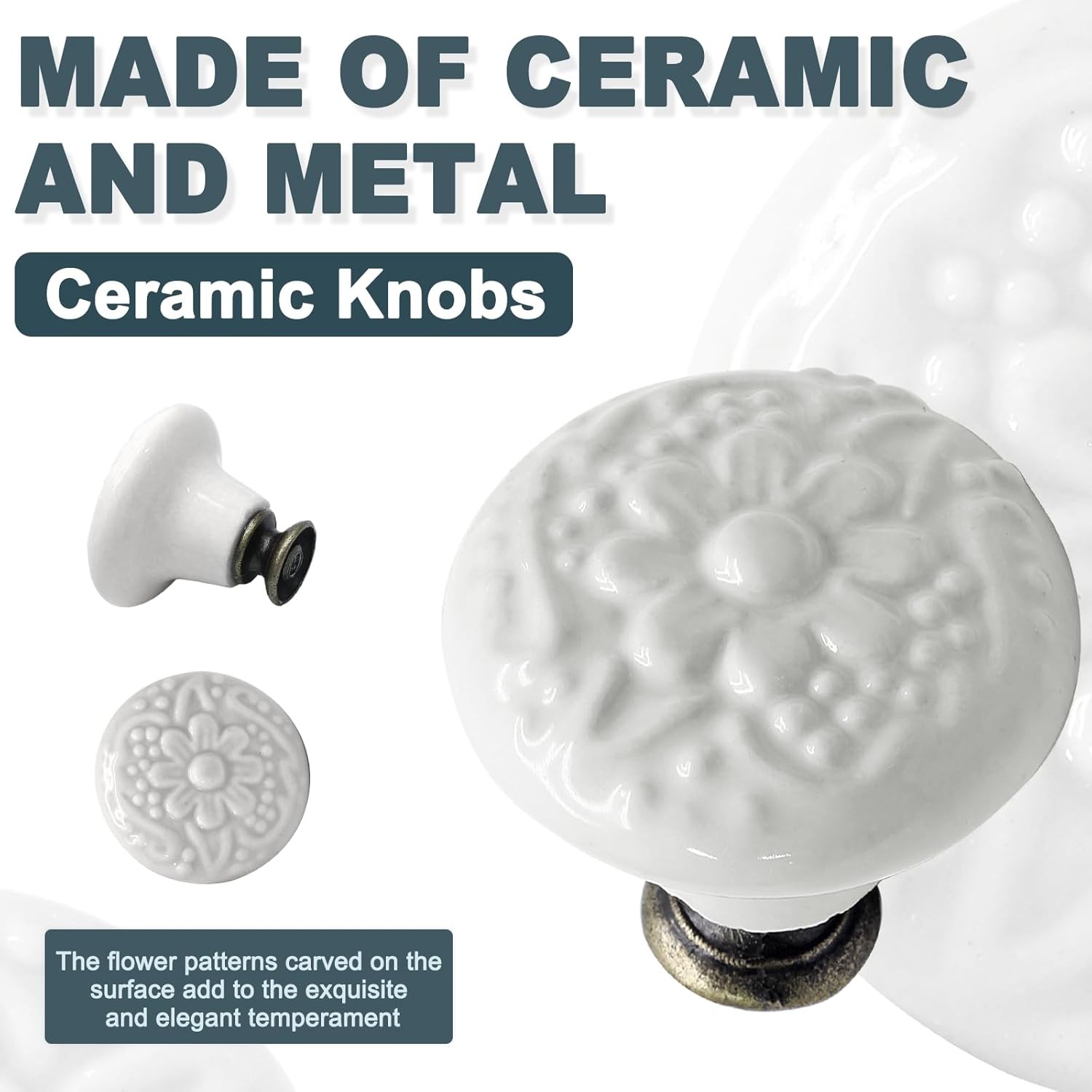 Biaungdo 12 Pcs White Ceramic Kitchen Cabinet Knobs and Pulls, Retro 