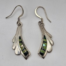 Handcrafted Sterling Silver Leaf Inlay Dangle Earrings Green Multi-Stone-New!