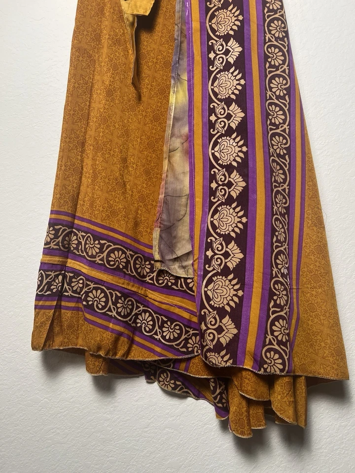 Recycled 100% Silk Long Maxi Wrap Skirt Free Size Floral Rust Gold Gypsy Boho - Image 3 of 4