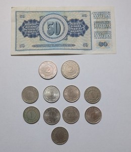 Yugoslavia 50 dinara bank note, 11 old circ coins, 1, 2 dinara 1968-1981.