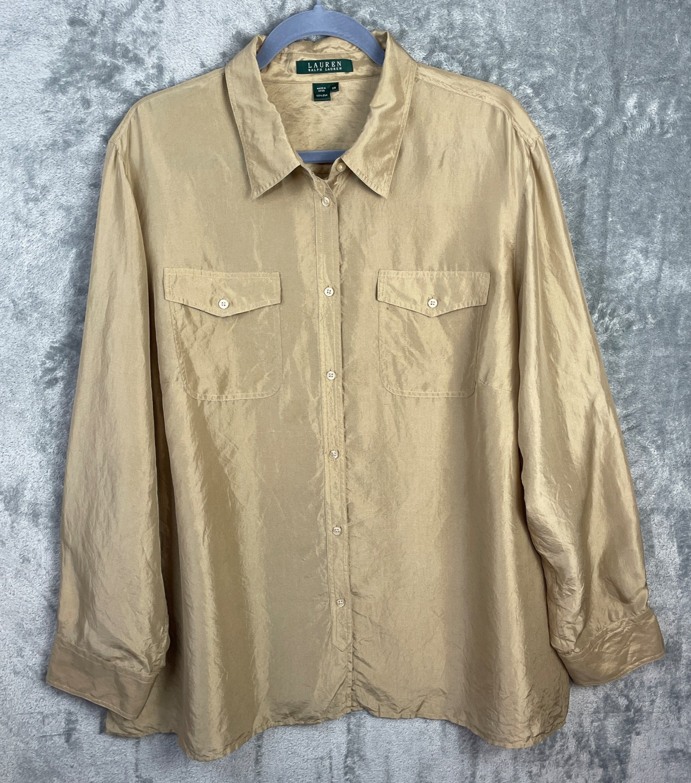 LRL LAUREN RALPH LAUREN Button Up Tunic Top Womens Plus Size 2X Gold Silk Blouse