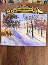 A5-original watercolour painting-roaming cat in snowing winte
