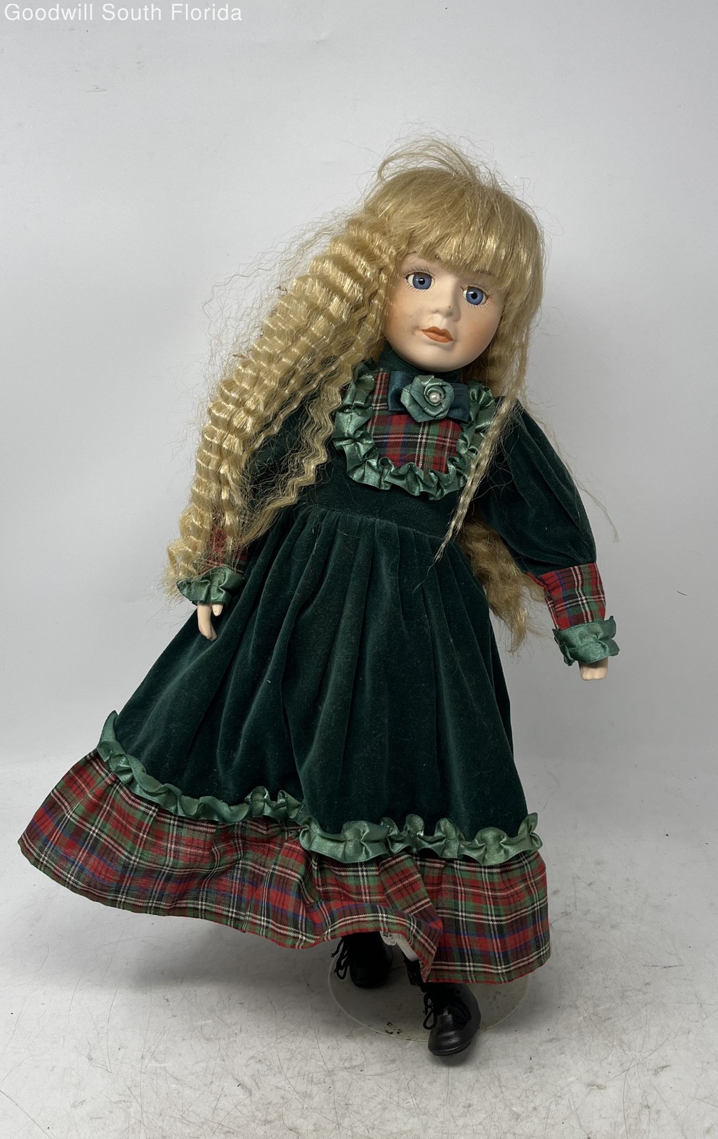 Vintage Collectible Porcelain Blonde Hair Blue Eyes Green Velvet Dress Girl Doll