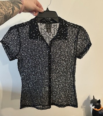 Vintage Y2K I.N.C Beaded Sequin Collared Button Down Mesh Top Blouse S Sheer