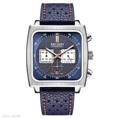 MEGIR Square Dial Chronograph Quartz Watches for Men Fashion Blue Monaco
