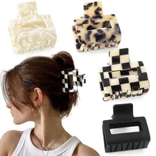 Checkered Tortoise Hair Clips for Women - 4Pcs 2" Small Acetate Claw Barrettes f