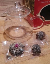 NUMI Glass Teapot & 3 Organic Flowering Tea Blossoms Excellent Condition