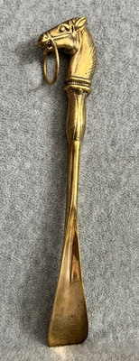 Vintage Equestrian Design Brass Horse Head Shoehorn 10.25'' W/ Metal Ring Handle