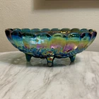 Indiana Iridescent Carnival Glass BLUE Harvest Grape Footed Fruit Bowl Vintage