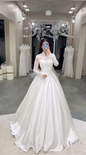 Muslim Satin Wedding Dresses Lace Long Sleeves High Neck White Bridal Ball Gowns