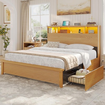 Wood Bed Frame Queen Size with 4 Storage Drawers & Bookcase Headboard