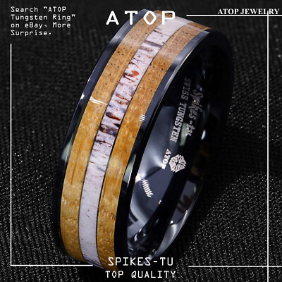 8mm Tungsten Ring Wedding Band Deer Antler and Whiskey Barrel Wood  ATOP Jewelry