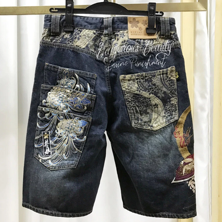 Mens Shorts Jeans Capri Denim Japanese Pattern Embroidery Sword