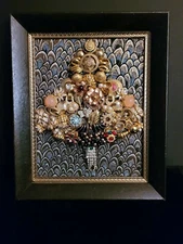 Christmas Tree Framed  with Vintage Jewelry Rhinestones Pearls Collage Art NEW