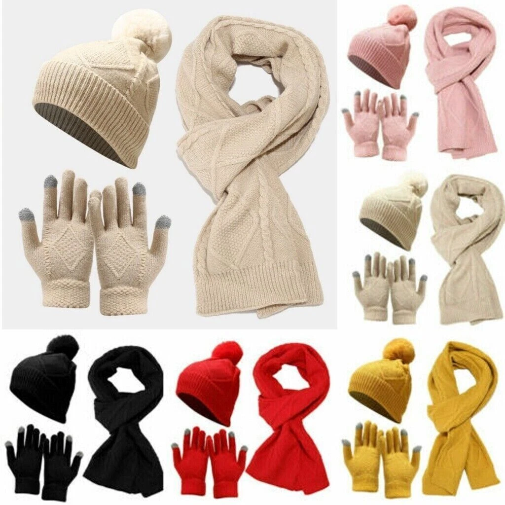 Womens Ladies Thick Knit Hat Scarf and Gloves Set Knitted Winter New