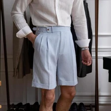 Men's Summer High Waist Straight Shorts Blue Stripes Seersucker Short Trousers