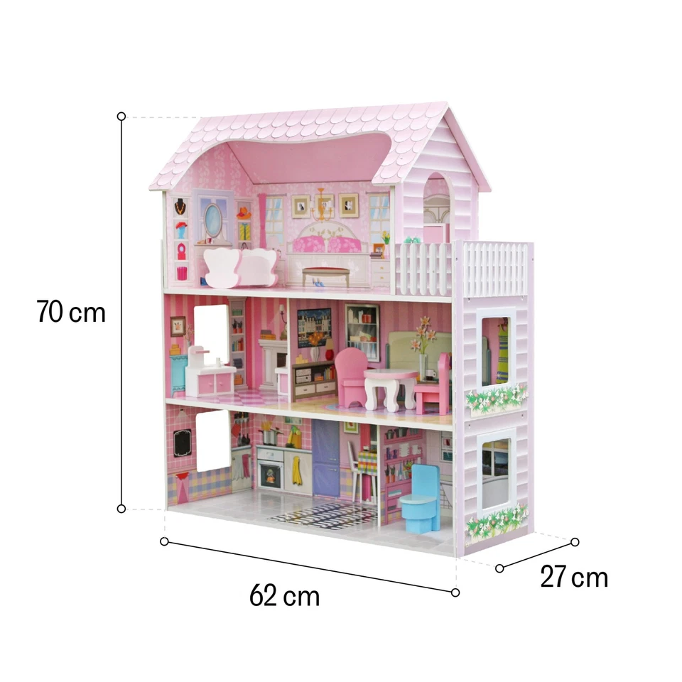 Puppenhaus mit Möbeln & Zubehör 3 Etagen Puppenzimmer für Kinder 3+ AUS HOLZ - Bild 2 von 4