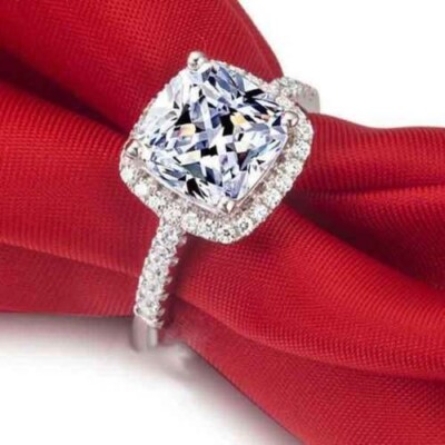 Cushion Cut 2.35Ct Diamond 14k White Gold Halo Engagement Ring Simulated Size 8