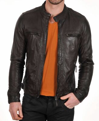 Men's Genuine Lambskin Leather Biker Motorcycle Jacket Black Slimfit Casual Coat