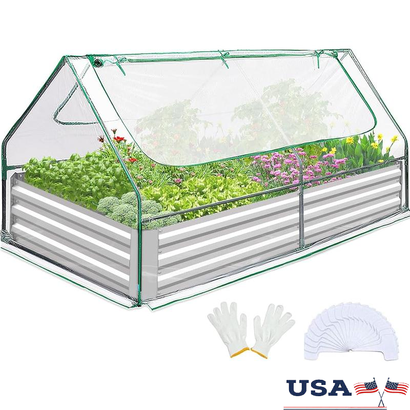 Galvanized Raised Garden Bed with Cover Mini Greenhouse Includes 2 Windows 20 Tags and Gloves