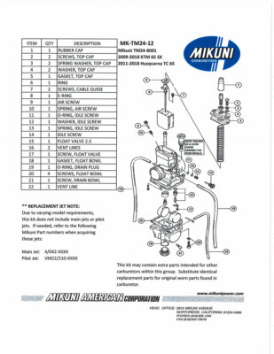 Mikuni TM 24 flatslide carburetor rebuild repair kit KTM 65 SX