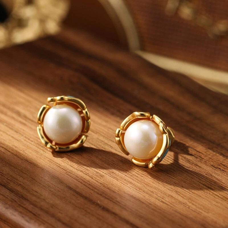 Pendientes de perlas de esmalte de agua dulce natural de cobre con poste de plata 925 joyería Foto 4 de 4