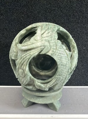  Green Carved Stone Jade  Puzzle Ball 4  Sculpture w/ Dragon Motif,  With Stand