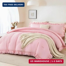 PERFEMET Pink Ruffle Comforter Set Queen, 5 Pieces Ruffled Bed in a Bag with She