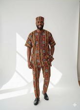Men's African High Quality Cotton Ghana Ankara Dashiki Set With Cap