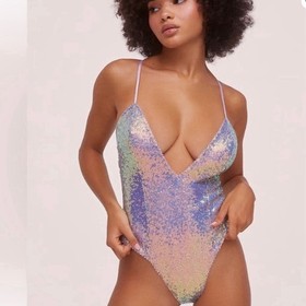 For Love And Lemons Skivvies Opal Low Plunge High Cut Sequin Bodysuit Size L  