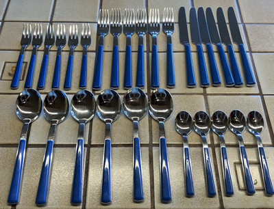 WMF CROMARGAN STAINLESS FLATWARE ROYAL BLUE PLASTIC HANDLE 29 PC SET SVC/6