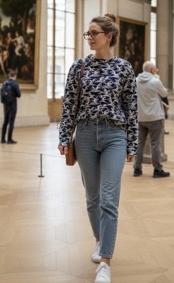 Sandro Paris seltener Damen Pullover in blau bedruckt Welle von Hokusai Made In Turkey sehr guter Zustand