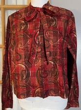 70s Handmade Paisley Button Blouse XL Red Brown Tie Neck Long Sleeve USA Made