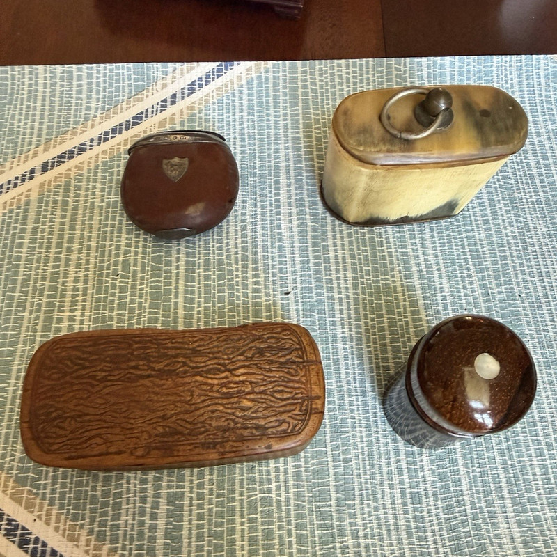 Lot of 4 Vintage Snuff Boxes, Wood, Horn & Metal, Mixed Shapes, 1 “WC”