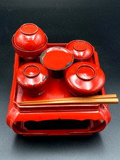 Vintage Japanese Vermilion Lacquerware Owan Meal Tray Bowl Set Kakeban