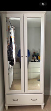 White Freestanding Wardrobe 2 Hinged Mirrored Doors 1 Drawer Bedroom